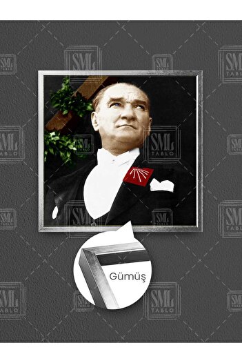 SML TABLO CT3031286 Mustafa Kemal Atatürk Chp Pictură pe pânză pătrată înrămată cu cadru turcesc nobil, cu guler roșu