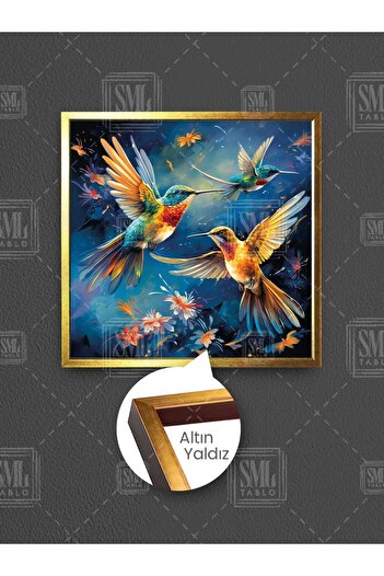 SML TABLO Pereche de colibri galbeni și albaștri care se îndoaie reciproc, pictură pătrată pe pânză cu rame cu flori