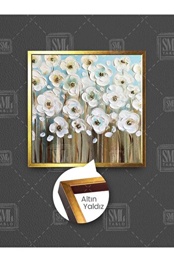 SML TABLO Grădina de flori albă Detalii aurii Decor de lux Pictură pătrată pe pânză înrămată