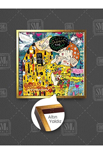 SML TABLO Pictură cu cadru pătrat de Gustav Klimt, peisajul sărutului, grafitti de Banksy