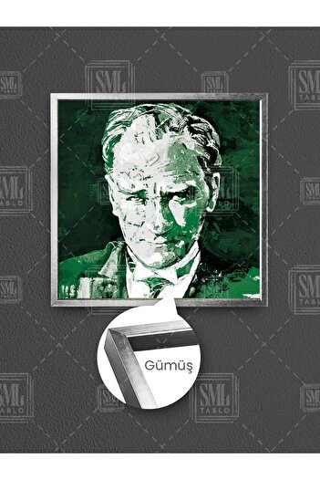 SML TABLO Mustafa Kemal Atatürk Portret Karimzatik Pictură pe pânză pătrată înrămată în verde și alb