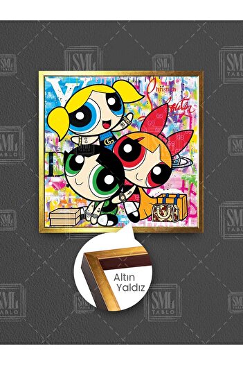 SML TABLO Pictură pe pânză pătrată înrămată cu personaje drăguțe din desene animate Power Puff Girls
