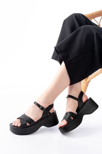 Budi 24414-1005 Black Daily Cross Wedge Heel Women's Sandals