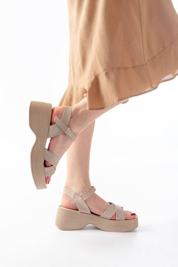 Budi 24414-1005 Beige Daily Cross Wedge Heel Women's Sandals