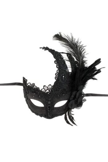 Jumbo Fancy Black Mask with Glitter Lace & Feathers for Women