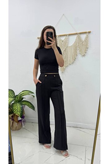 Maison La Femme Women's Wide Leg Pants with Hidden Zipper and Epaulet Belt