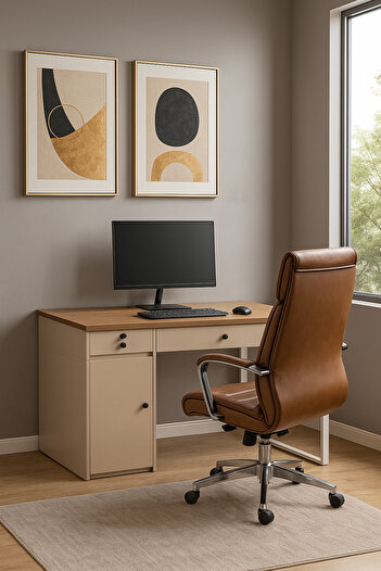 MARIA HOMES White & Wood Office Desk 120×60x75 cm – Modern Work Table with Drawer, Cabinet & White Legs