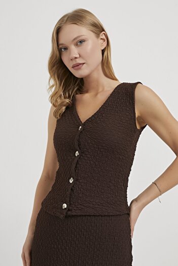 Arma Life Armalife 1503 Buttoned V-Neck Textured Women's Vest