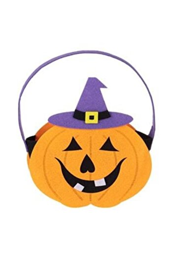 Jumbo Trick or Treat Felt Basket Pumpkin with Purple Witch Hat Halloween 17 x 7 x 13 cm