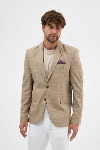 Frappoli Facune Men's Mustard Plaid Fabric Mono Collar Sports Blazer Jacket