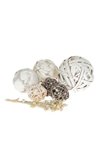 SHOPIENS Set Decorative Spheres, 7 Pieces, Off White, Branch, Diameter 4-7cm, Wood