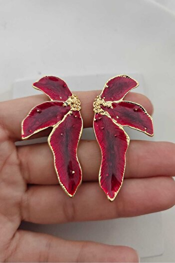 KYOLA DESİGN Burgundy Pearlescent Palm Gold Women's Earrings (5.2cm)