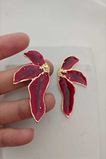 KYOLA DESİGN Burgundy Pearlescent Palm Gold Women's Earrings (5.2cm)