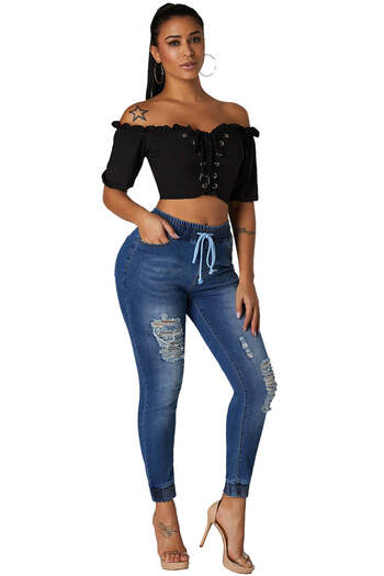 WildFashion Denim pants with elastic waist and cuts G681-444