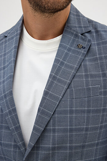 Frappoli Facune Men's Navy Blue Plaid Fabric Mono Collar Sports Blazer Jacket