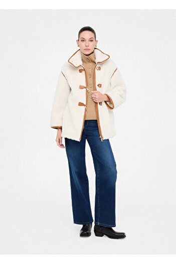 Liu Jo Women's Regular Fit Stand Collar Metal Hook Long Sleeve Wool Ecru Coat Mf5121E0936-20304