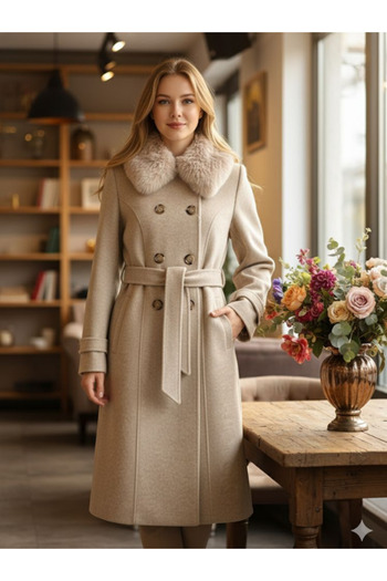 Zühre Women's Collar Fur Detailed Black Beige Coat 13112