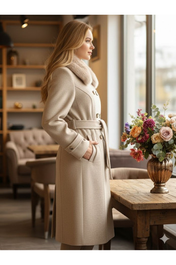Zühre Women's Collar Fur Detailed Black Beige Coat 13112