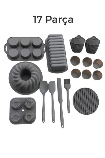 Silicorner 17 Piece Anthracite Silicone Dowry Set Cake Mold-Muffin Mold-Spatula-Egg Brush-Teapot