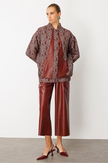 Moda İlgi Modailgi Deri Garni Detaylı Oversize Astarlı Jakar Kumaştan Bomber Ceket Bordo
