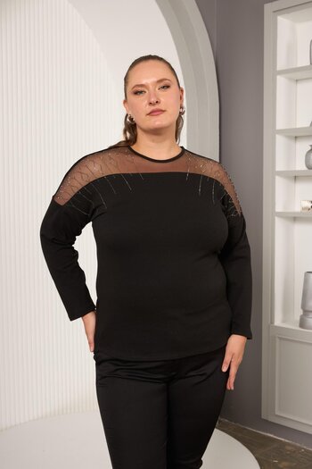 RMG Plus Size Blouse with Tulle Stone Detail on the Shoulders Black