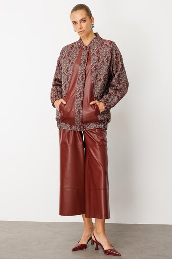 Moda İlgi Modailgi Deri Garni Detaylı Oversize Astarlı Jakar Kumaştan Bomber Ceket Bordo