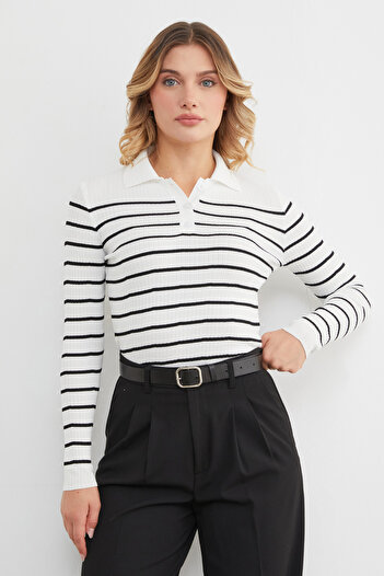 Fulla Moda Striped Polo Neck Half Button Knitwear Sweater