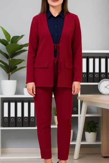 ŞIK VE MUTLU Burgundy Tie-Up Blazer Jacket Carrot Pants Two-Piece Set