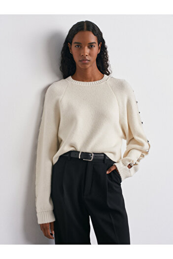 Dilvin 10810 Wool Blend Accessory Detailed Knitwear Sweater-Ecru