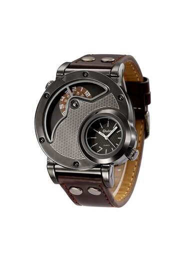 Oulm Men's Watch Quartz Analog Leather Round Multiple Time Zones Casual
