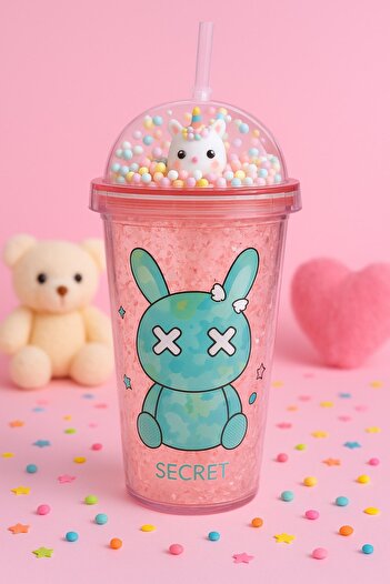 Deco Elit Water Bottle with Straw, Frosted Glass Look, 450 ml Double Layer Mica Water Bottle 2087 Pink