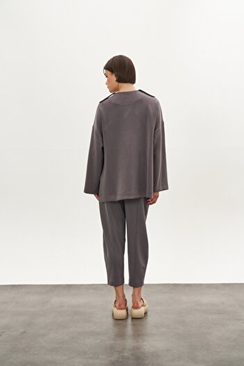 Mevra Front Stitched Modal Pants Jacket Bottom Top Set Gray