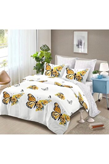 Evia Home Double bed linen set made of fine fabric, with 4 pillowcases, Evia Home, Yellow Butterflies
