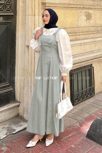 lamelif Gabardine Hijab with Straps, Green