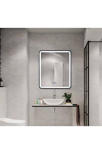 Smack LED Mirror with Touch, 75 X 90 Cm, with Defog Function and Clock, Matte Black Frame, J37,