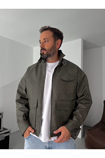 BYBASICMAN Khaki Double Pocket Effect Bomber Leather Jacket Ep-7301