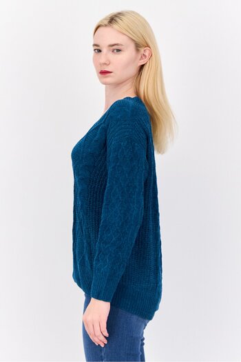 PİNK ROSE Women V Neck Long Sleeves Textured Sweaters, Teal Blue
