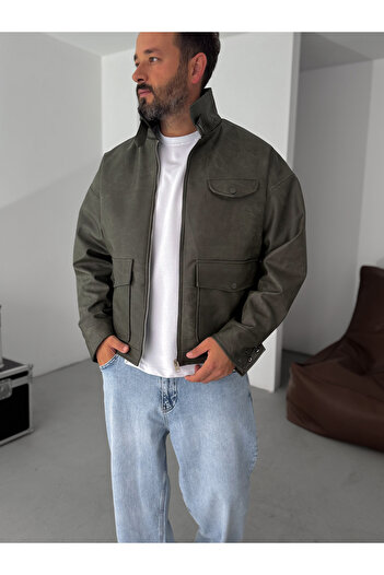 BYBASICMAN Khaki Double Pocket Effect Bomber Leather Jacket Ep-7301