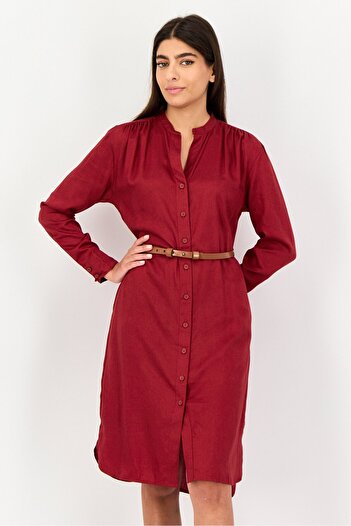 Levi's Women Solid Belted Shirt Dress, Dark Red