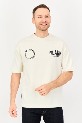 BLANK ESSENTIALS Men Crew Neck Short Sleeve Graphic Print T-Shirt, Off White