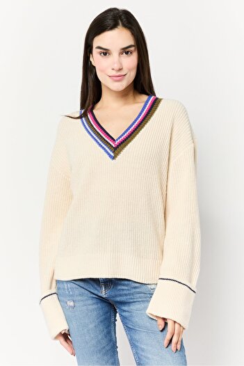 Scotch & Soda Women V-Neck Long Sleeves Crochet Sweater, Multicolor