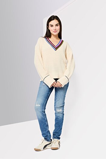 Scotch & Soda Women V-Neck Long Sleeves Crochet Sweater, Multicolor