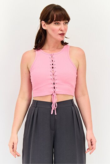 Sinsay Women Round Neck Sleeveless Textured Tank Top, Pink