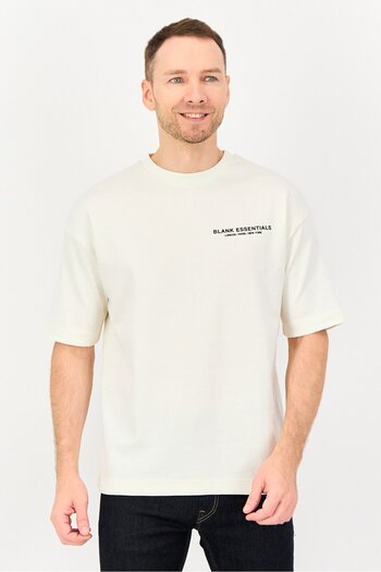 BLANK ESSENTIALS Men Crew Neck Short Sleeve Brand Logo T-Shirt, Off White