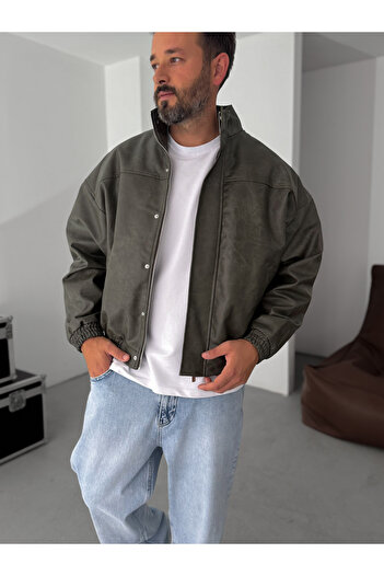 BYBASICMAN Khaki Effect Bomber Leather Jacket Ep-7321