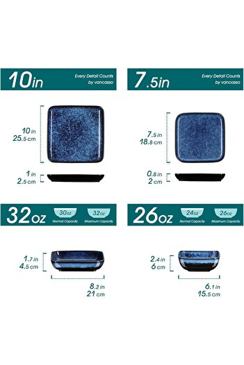 Vancasso Dinner Sets, Square Reactive Glaze Crockery Set, 16-Piece Ceramic Plates and Bowls Set with