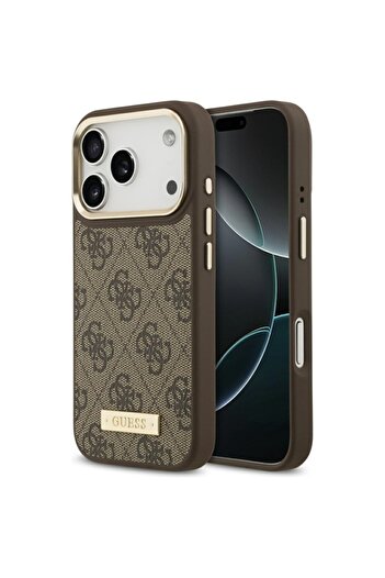 Guess Case for iPhone 17 Pro, Hardcase 4G Logo Plate MagSafe, Brown