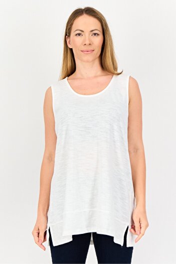 LANDS' END Women Round Neck Plain Sleeveless Tank Top, White