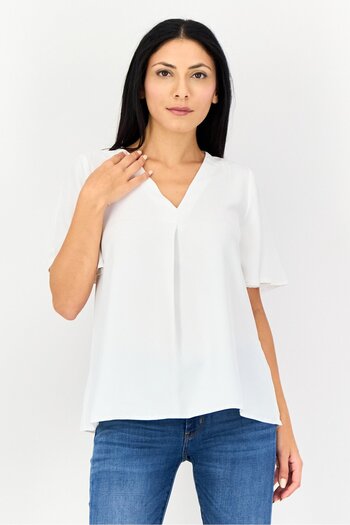 Threadbare Women V-Neck Flutter Sleeves Plain Top, White
