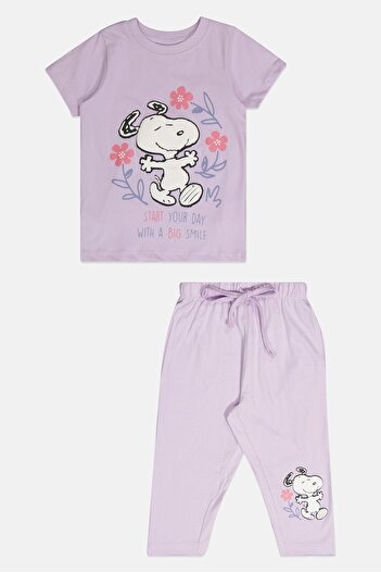 PEANUTS Toddlers Girl 2 Pcs Short Sleeve Graphic Print Top And Bottom Set, Lavender